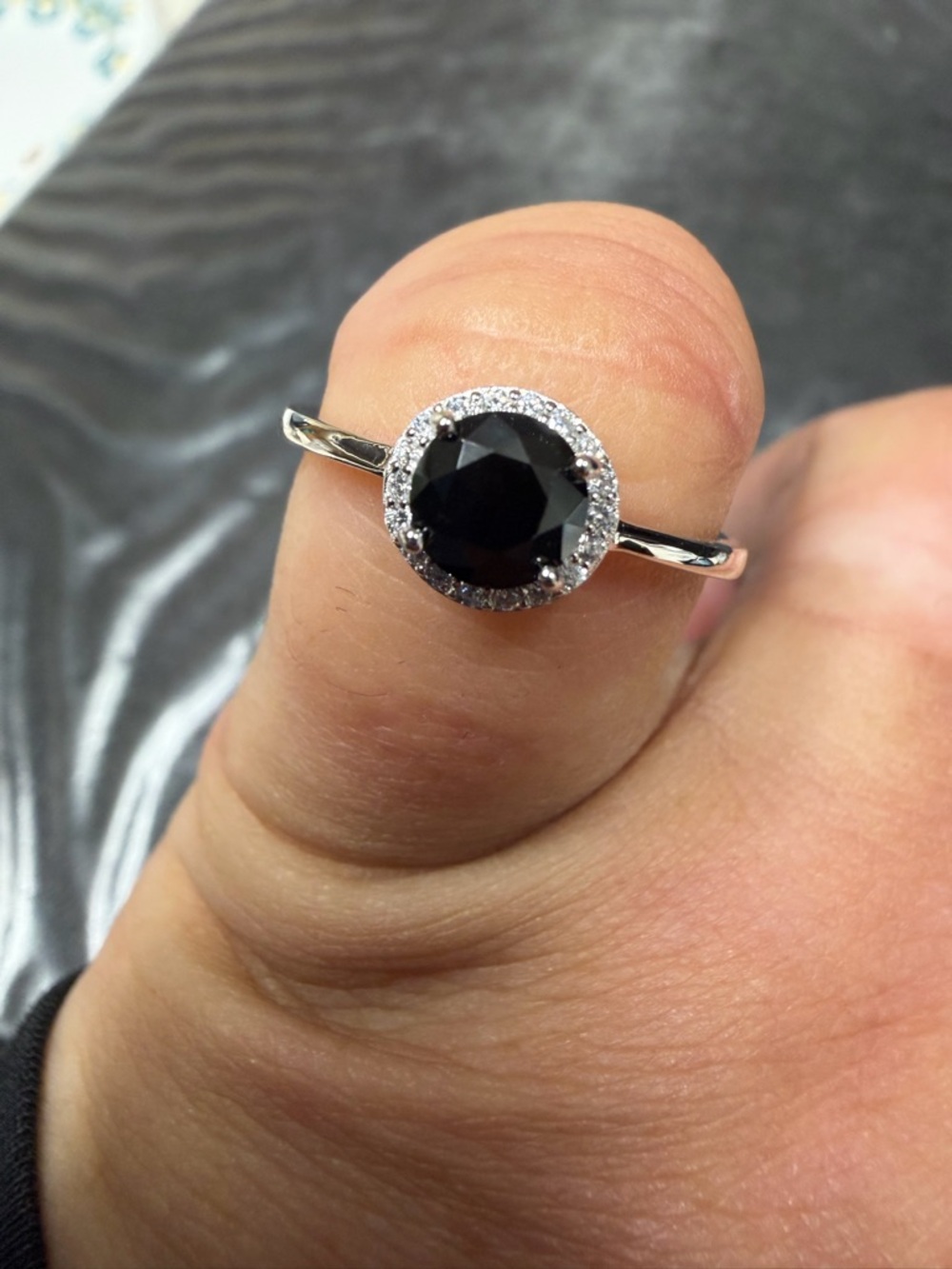 Sterling Silver Black Gem Halo Ring